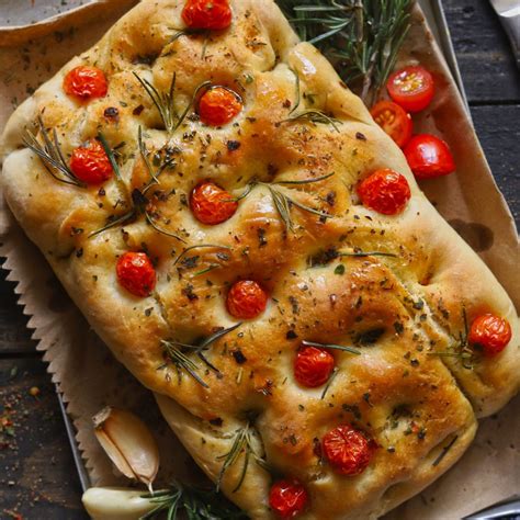 Focaccia with garlic and rosemary .